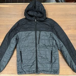 Men’s Marmot hooded puffer jacket. Packable folds into hood- great pillow!